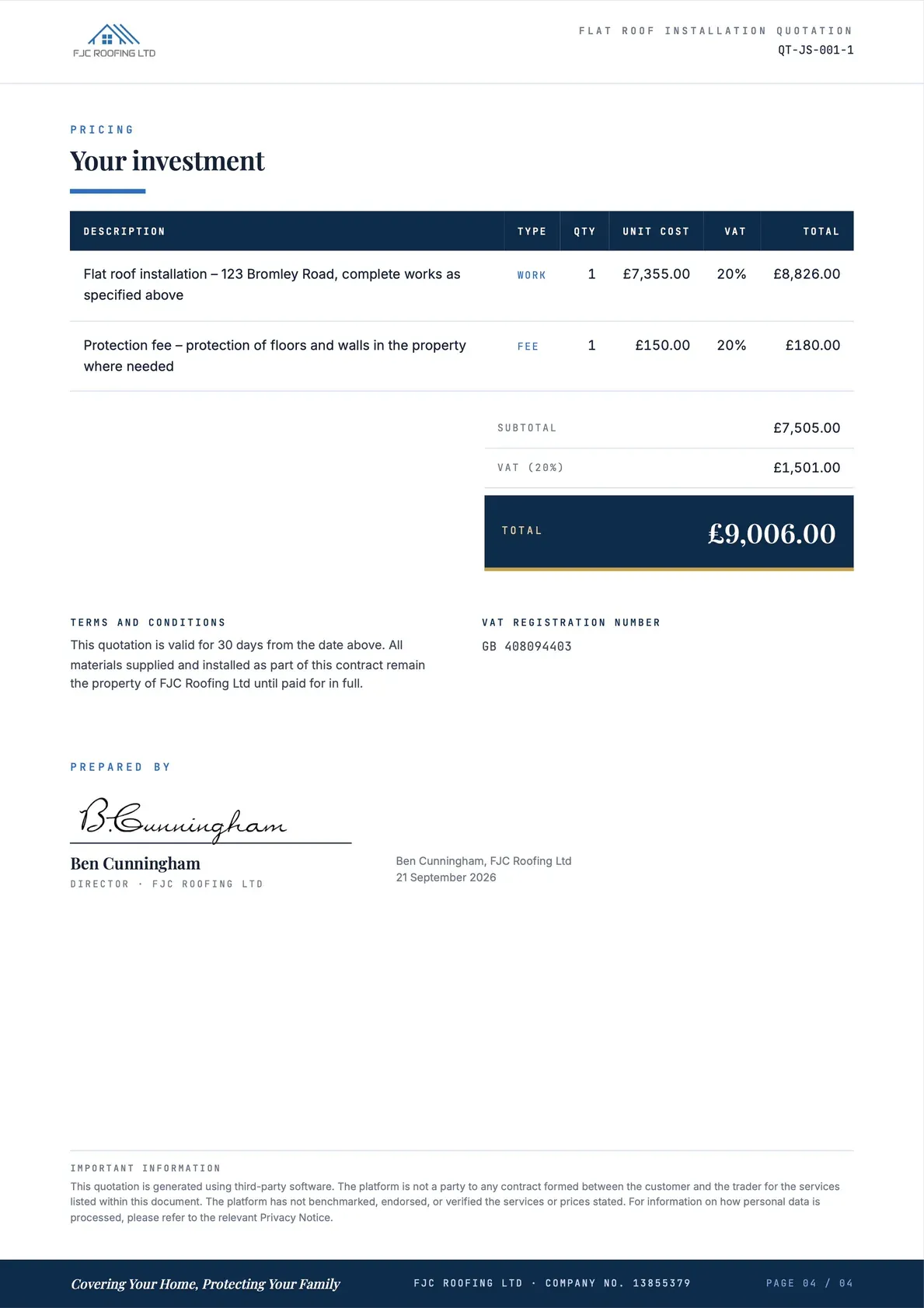 Flat Roof Installation Quotation, page 4 of 4