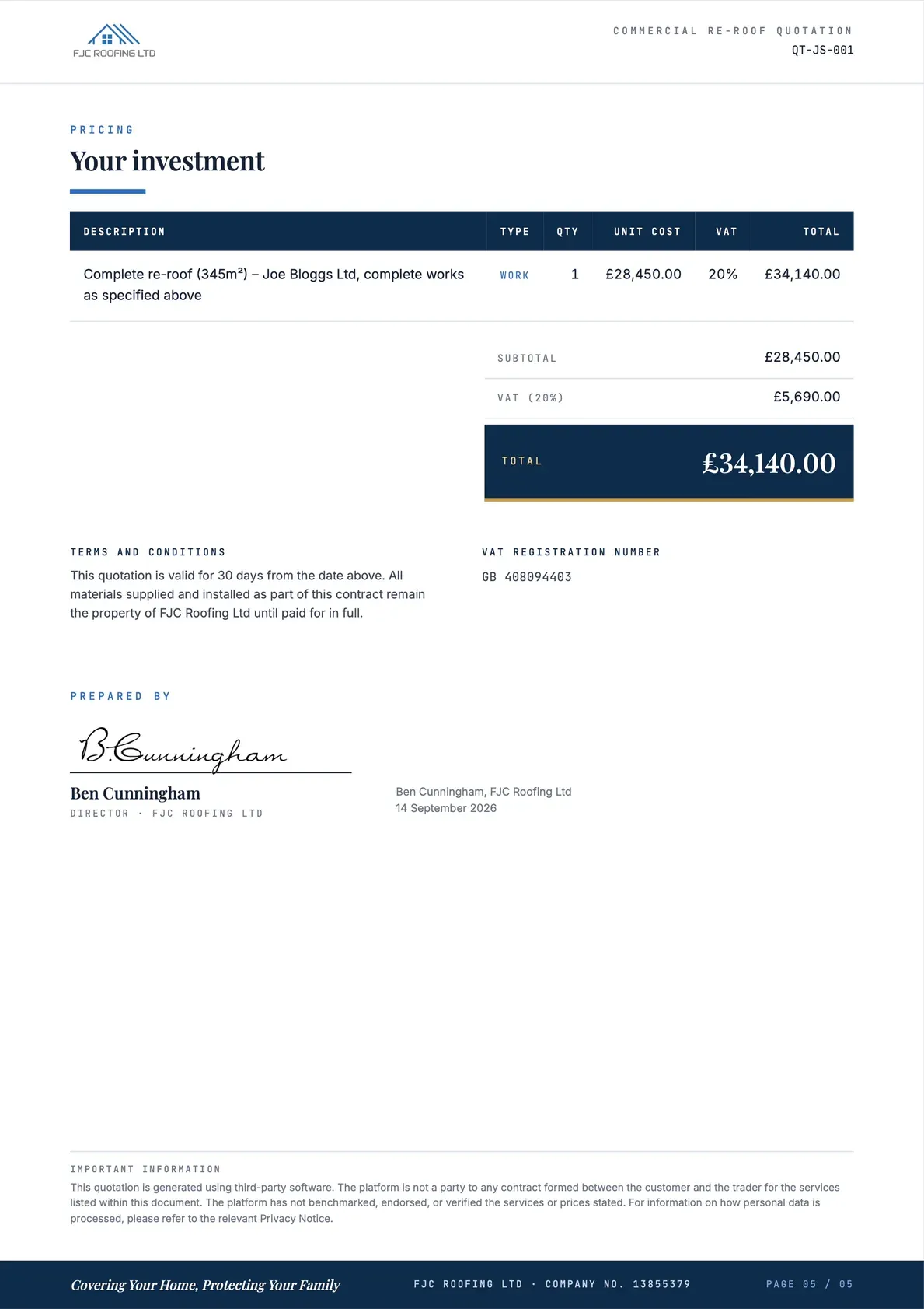 Commercial Re-Roof Quotation, page 5 of 5