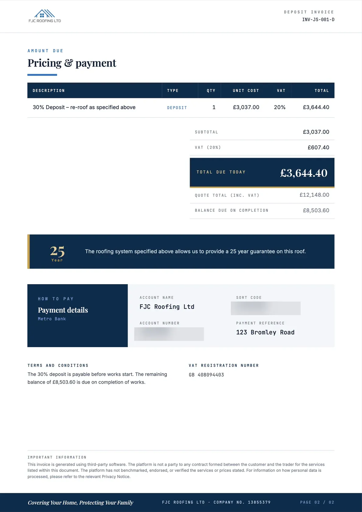 Deposit Invoice, page 2 of 2