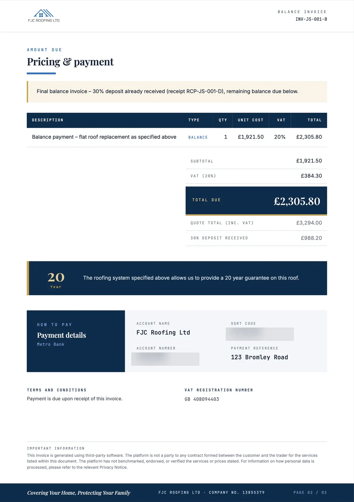 Balance Invoice, page 2 of 2