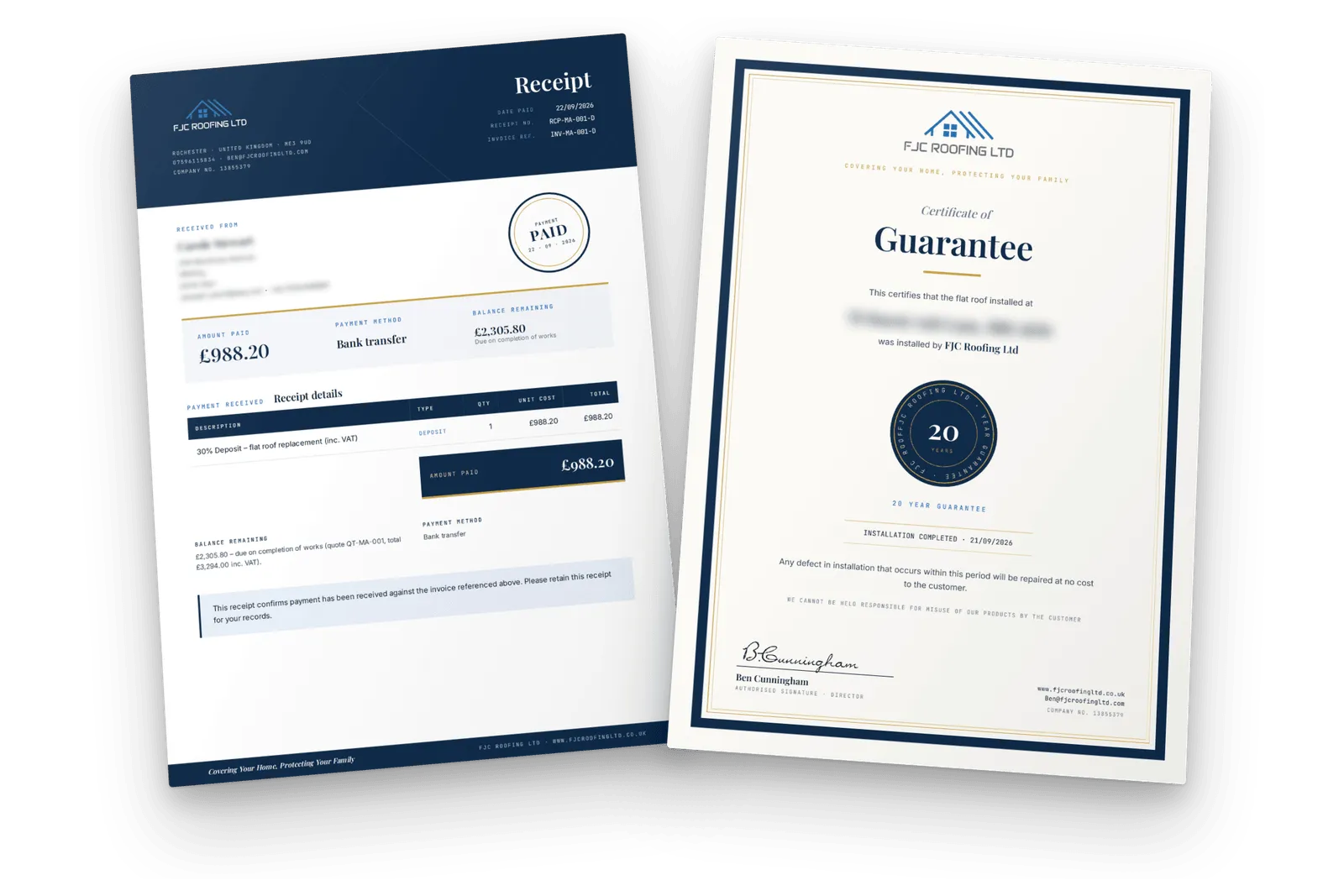 A branded receipt and guarantee certificate