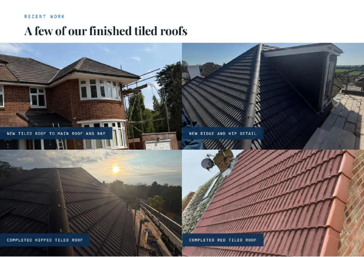 Brochure spread showing completed roofing work