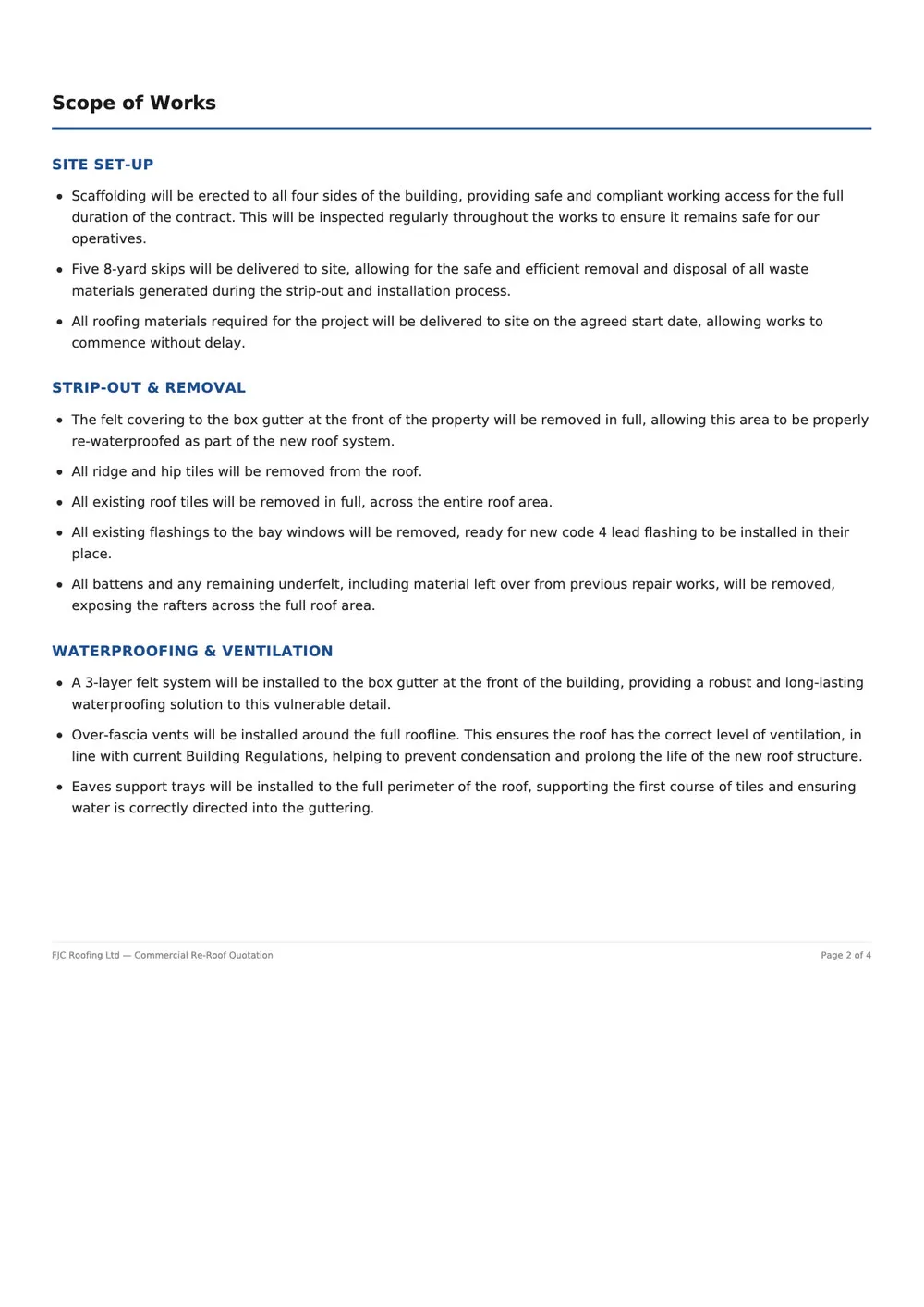 Quotation scope of works — site set-up, strip-out, waterproofing and ventilation