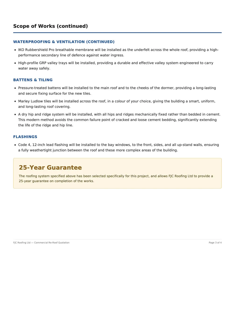 Quotation page detailing materials and installation